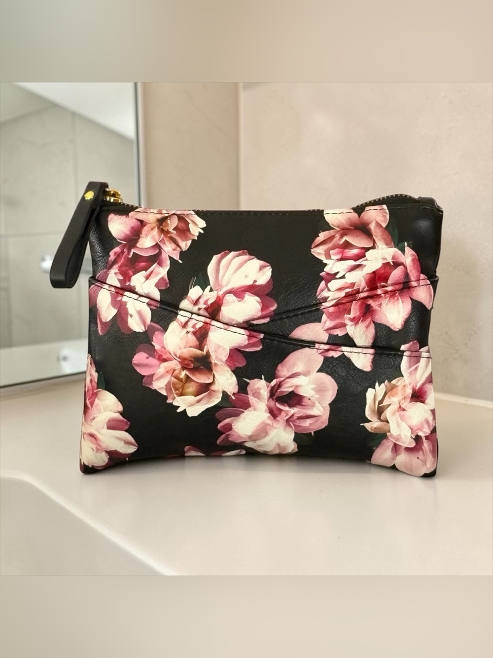 Floral Black and Pink Makeup Cosmetic Clutch